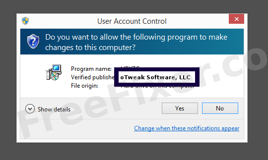 Screenshot where oTweak Software, LLC appears as the verified publisher in the UAC dialog
